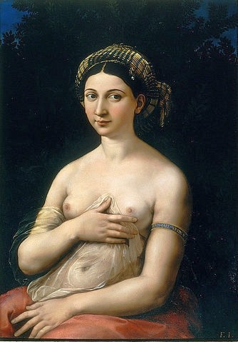 Raffael (Raffaello Sanzio), La Fornarina. Um 1518/19. (Raffael (Raffaello Sanzio),1483-1520,Rom,Galleria Nazionale d'Arte,Öl auf Holz,Raffael,Raffaello Sanzio,16. Jahrhundert,Fornarina,Frau,Bildnis,Portrait,Busen)