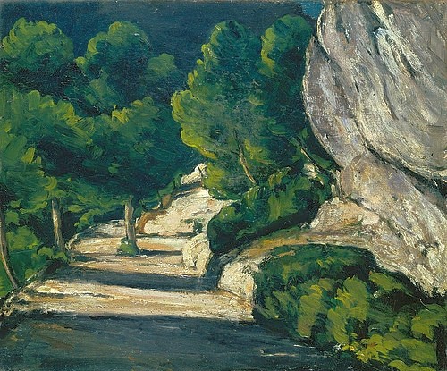 Paul Cézanne, Landschaft. Straße mit Bäumen im Felsgebirge. 1870/71 (Städel Museum,Frankfurt am Main,Cézanne,Paul,1839-1906,Öl auf Leinwand,Paul Cézanne,19. Jahrhundert,20. Jahrhundert,Landschaft,Weg,Bäume,Felsen,Schatten,Kiefer,Licht, Städel Museum,Straße)