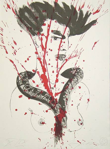 Hampel Angelika Medea Altera (40) (Algraphie) (Medea, Büste, nackt, Schlange, Blut, Spritzer, brutal, Mythologie, modern, Grafik, Wohnzimmer, Original, schwarz/weiß, rot)
