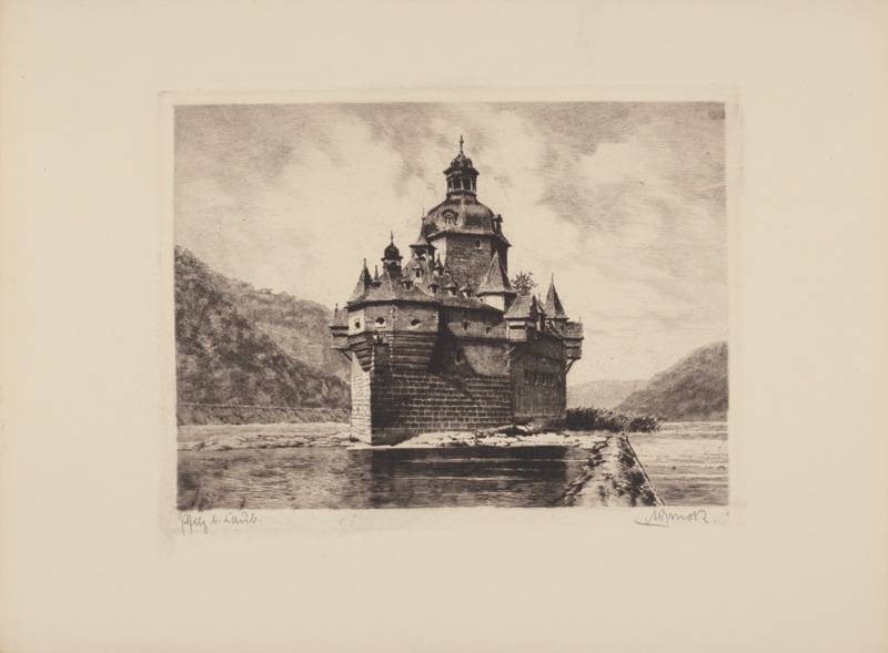 Bruck  Kaub, Die Pfalz (Radierung, s/w) (Burg, Pfalzgrafenstein, Rhein, Fluss, Vedute, Nostalgie, Grafik, Wohnzimmer, Bibliothek, Treppenhaus, Original, schwarz/weiß)