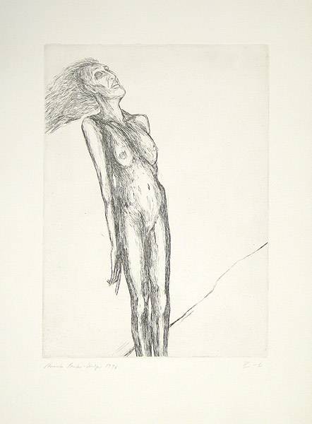 Peuker-Krisper Annette Medea Altera (40) (Radierung) (Medea, Akt, Aktzeichnung, Frau, Mythologie, griechische Sage, Radierung, Schlafzimmer, Treppenhaus, schwarz/weiß)