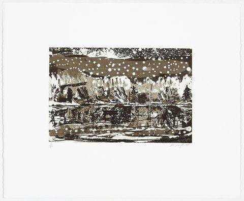 Doig Peter Night Fishing   (30) (Aquatinta-Radierung, handsigniert, nummeriert) (Landschaft, Winter, See, Schnee, Eis, Nachtszene, Grafik, Original, signiert, Wohnzimmer, Treppenhaus, grau/weiß)