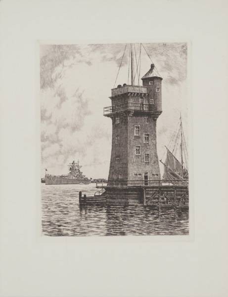Bruck  Kiel, Signalstation (Radierung, s/w) (Leuchtturm, Signalturm, Turm, Hafen, Ostsee, Nostalgie, Grafik, Wohnzimmer, Bibliothek, Treppenhaus, Original, schwarz/weiß)