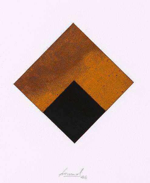 Freund Jürgen Rost auf Schwarz Unten (Collage, handsigniert) (Quadrate, Geometrie, Muster,  Mathematik, Farbflächen, Original, abstrakt, Grafik, Collage, signiert, braun/schwarz)