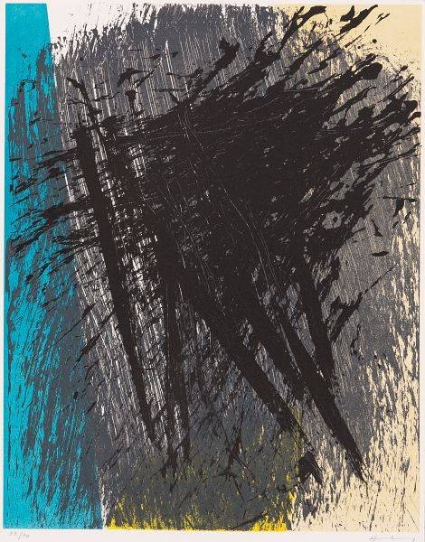 Hartung Hans O.T. (Explosion) (20) (Lithographie, handsigniert, nummeriert) (Abstrakte Kunst, abstrakte Malerei, moderne Kunst, Dynamik, Pinselstriche, Grafik, Original, signiert, Wohnzimmer, Büro, grau/blau)