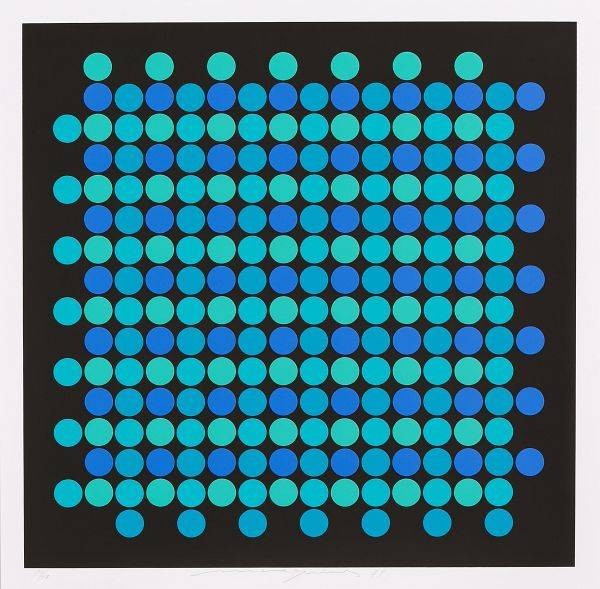 Mavignier Almir Untiteld from 9x5 Konkret Portfolio (30) (Siebdruck, handsigniert, nummeriert) (Raster, Punkte, Reihen, Quadrat, leuchtend, Grafik, modern, geometrisch, Original, signiert, Wohnzimmer, Treppenhaus, Büro, Business, blau/schwarz)