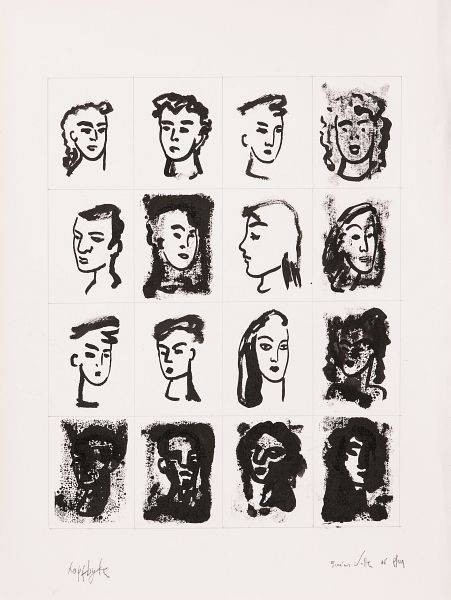 Valle  Kopfbyte (30) (Lithographie, handsigniert) (Gesichter, Köpfe, Grafik, Original, signiert, modern, Treppenhaus, wohnzimmer, schwarz-Weiß)