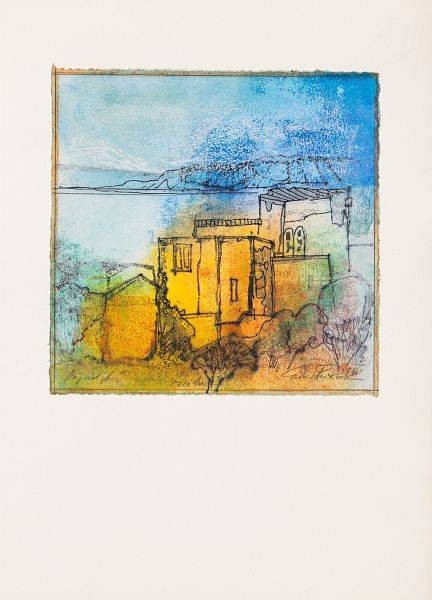 Rade Ernst-Peter Olsberger Mäppchen II (50) (Acryl auf Bütten, handsigniert, Unikat) (Landschaft, Dorf, Gebäude, See, Transparenz, mediterran,   modern, Original, signiert, Wohnzimmer, Treppenhaus)