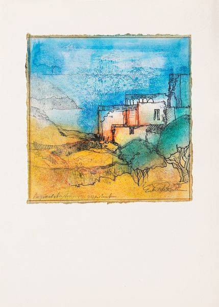 Rade Ernst-Peter Olsberger Mäppchen IV (50) (Acryl auf Papier, handsigniert, Unikat) (Landschaft, Dorf, Bäume, Hügel, Transparenz, mediterran,   modern, Original, signiert, Wohnzimmer, Treppenhaus)