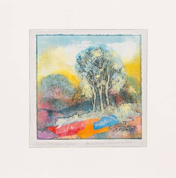 Rade Ernst-Peter Farbspiele im Frost II (50) (Acryl auf Bütten, handsigniert, Unikat) (Landschaft, Bäume, abstrahiert, modern, Original, signiert, Wohnzimmer, Büro, Treppenhaus)