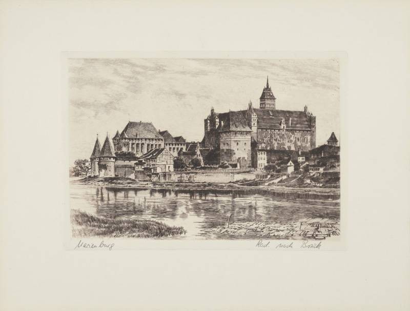 Bruck  Marienburg, Burg (Radierung, s/w) (Stadt, Stadtansicht, Vedute, Nostalgie, Grafik, Wohnzimmer, Bibliothek, Treppenhaus, Original, schwarz/weiß)