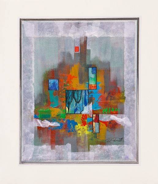 Rade Ernst-Peter Gemalte Lyrik Gartentag (50) (Acryl auf Leinwand u. Bütten, handsigniert, Unikat) (Abstrakt, geometrisch, architektionisch, modern, Original, signiert, Wohnzimmer, Büro, Treppenhaus)
