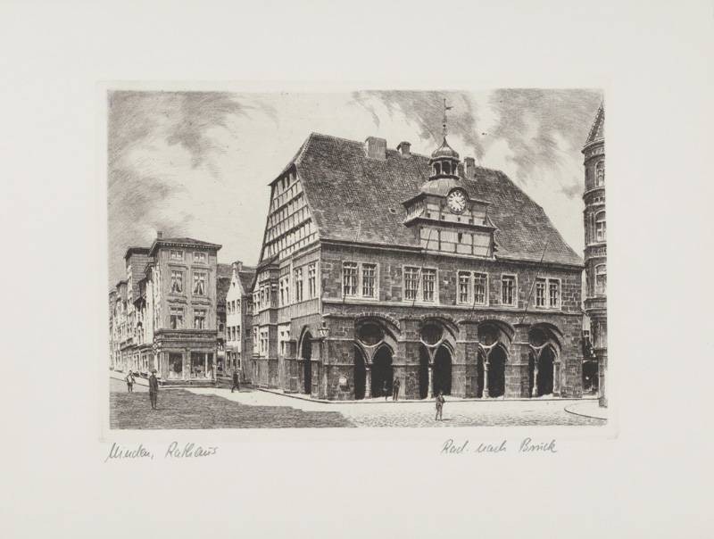 Bruck  Minden, Rathaus (Radierung, s/w) (Stadt, Stadtansicht, Vedute, Nostalgie, Grafik, Wohnzimmer, Bibliothek, Treppenhaus, Original, schwarz/weiß)