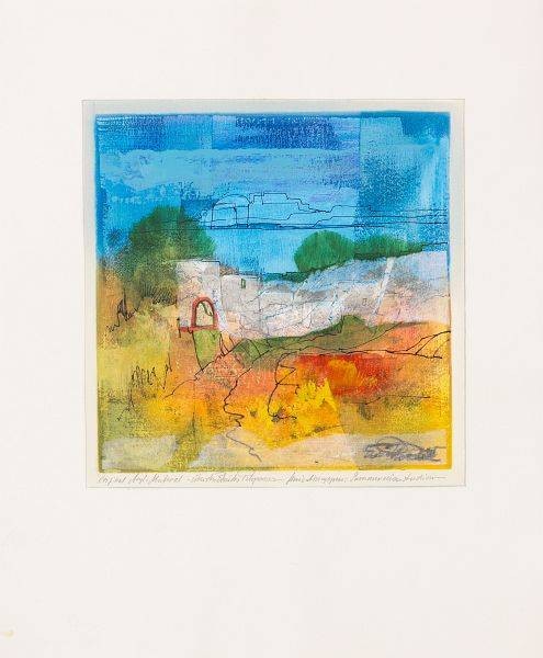 Rade Ernst-Peter Über das Blau des Peloponnes (50) (Acryl auf Bütten, handsigniert, Unikat) (Landschaft,Meer, Griechenland, mediterran, abstrahiert, Transparenz, modern, Original, signiert, Wohnzimmer, Treppenhaus)