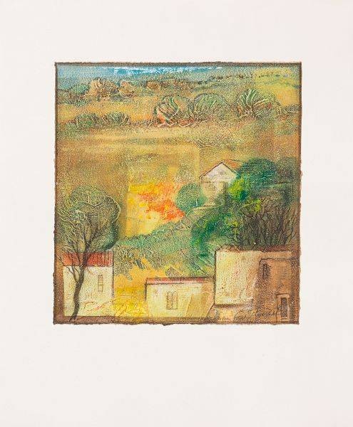 Rade Ernst-Peter Sommerreise V (50) (Acryl auf Papier, handsigniert, Unikat) (Landschaft, Dorf, Pinien, Hügel, Transparenz, mediterran,   modern, Original, signiert, Wohnzimmer, Treppenhaus)