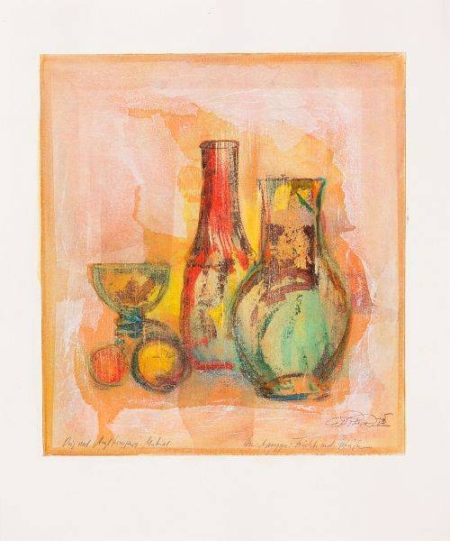 Rade Ernst-Peter Früchte und Gefäße I (50) (Acryl auf Bütten, handsigniert, Unikat) (Stillleben, Krüge, Obst, Gläser, Transparenz, abstrahiert, modern, Original, signiert, Wohnzimmer, Esszimmer, Treppenhaus)