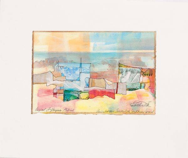 Rade Ernst-Peter Sommerliche Strukturen Strand (50) (Acryl auf Papier, handsigniert) (Landschaft, Meer, Strand, Urlaub, abstrahiert, mediterran,  modern, Original, signiert, Wohnzimmer, Treppenhaus)