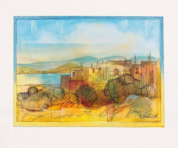 Rade Ernst-Peter Mediterane Uferstimmung (50) (Acryl auf Bütten, handsigniert, Unikat) (Landschaft, Meer, Mittelmeer, mediterran, Stadt, Horizont, modern, Original, signiert, Wohnzimmer, Treppenhaus)