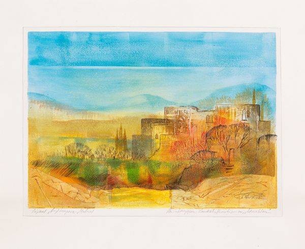 Rade Ernst-Peter Adriablau (50) (Acryl auf Bütten, handsigniert, Unikat) (Landschaft, Meer, Mittelmeer, mediterran, Stadt, Horizont, modern, Original, signiert, Wohnzimmer, Treppenhaus)