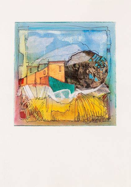 Rade Ernst-Peter Schatten und Licht (50) (Acryl auf Papier, handsigniert, Unikat) (Landschaft, Dorf,  Transparenz, mediterran,  modern, Original, signiert, Wohnzimmer, Treppenhaus)