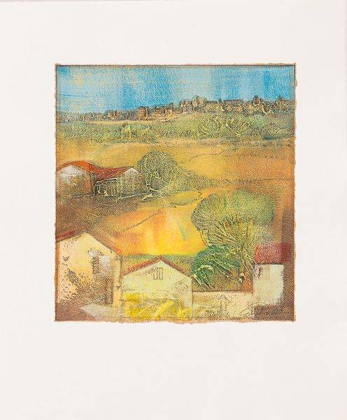 Rade Ernst-Peter Sommerreise (50) (Acryl auf Bütten, handsigniert, Unikat) (Landschaft, Dorf, Bäume, Hügel, Transparenz, mediterran,   modern, Original, signiert, Wohnzimmer, Treppenhaus)