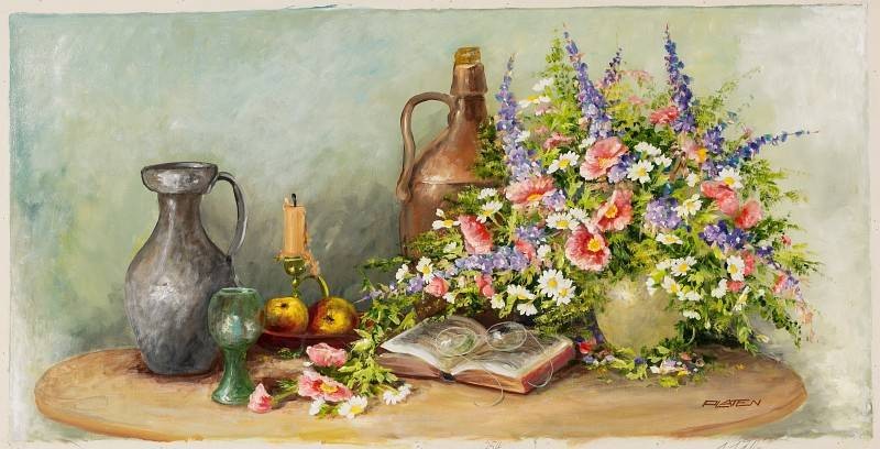Platen Kurt Krug mit Blumen (40x 80cm) (Stillleben, Bouquet, Blumenschale, Vase, Vanitas, Vergänglichkeit, üppgig, Blumen, Blüten, Original, Wohnzimmer, Esszimmer, bunt)