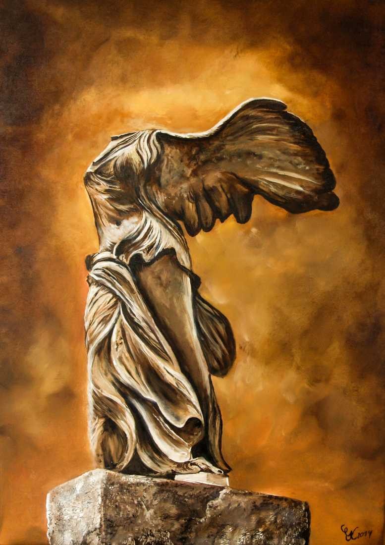 Conny Krakowski, Nike von Samothrake (Surrealismus, Traum, Magie, Esoterik, Baum, Traumbaum,Lebensbaum,Geburt,Leben,Sterben,Wege, Lebensweg, Phantasie,Fantasie,Realismus,Malerei,Gemläde,detaiiert,Traumbild,Traumlandschaft,Landschaftsmalerei,Träumerei,Wasserfall,Berge,Wolken,)
