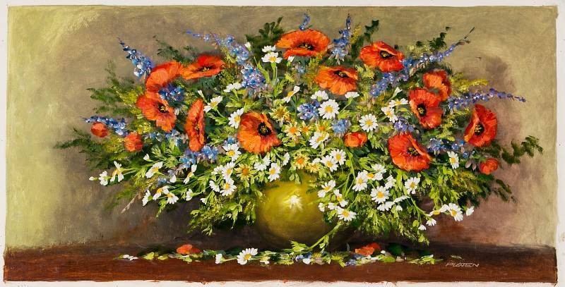 Platen Kurt Blumenbouquet mit Mohn II (Öl auf Leinwand) (Stillleben, Bouquet, Blumenschale, Vase, Vanitas, Vergänglichkeit, üppgig, Blumen, Blüten, Original, Wohnzimmer, Esszimmer, bunt)