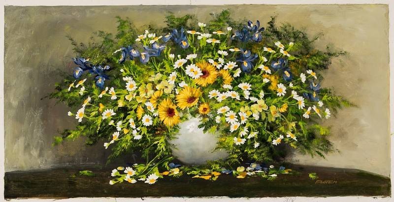 Platen Kurt Blumenbouquet mit Iris (Öl auf Leinwand) (Stillleben, Bouquet, Blumenschale, Vase, Vanitas, Vergänglichkeit, üppgig, Blumen, Blüten, Original, Wohnzimmer, Esszimmer, bunt)