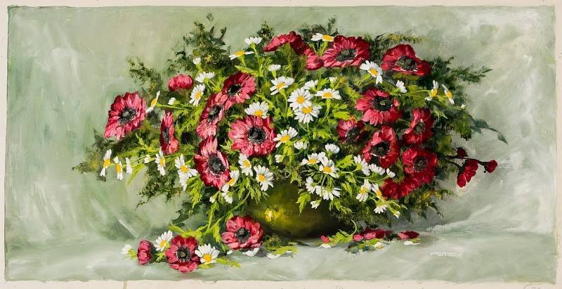 Platen Kurt Blumenbouquet mit Ringelblumen (Öl auf Leinwand) (Stillleben, Bouquet, Blumenschale, Vase, Vanitas, Vergänglichkeit, üppgig, Blumen, Blüten, Original, Wohnzimmer, Esszimmer, bunt)
