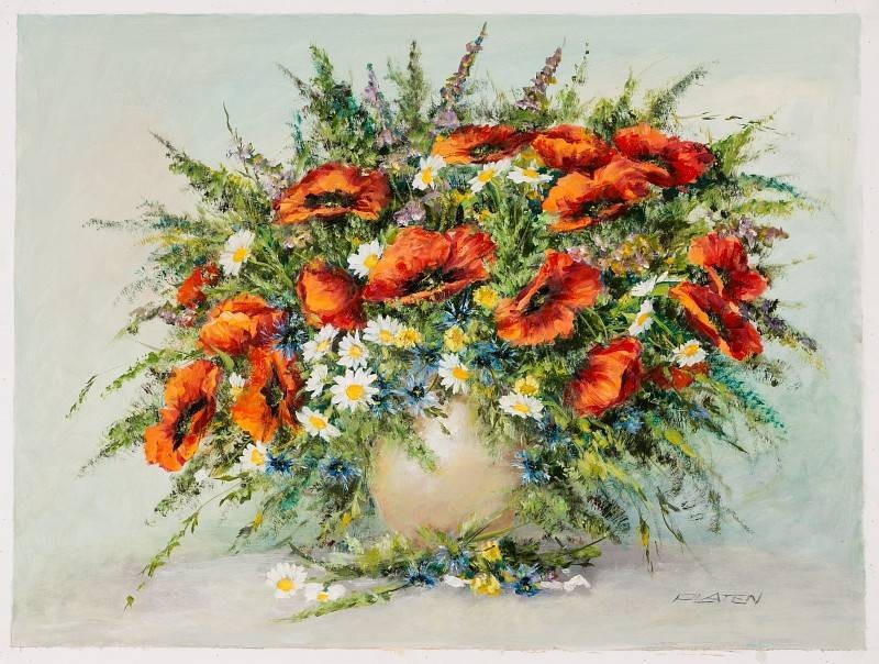Platen Kurt Blumenbouquet mit Mohn und Kornblumen (Öl auf Leinwand) (Stillleben, Bouquet, Blumenschale, Vase, Vanitas, Vergänglichkeit, üppgig, Blumen, Blüten, Original, Wohnzimmer, Esszimmer, bunt)