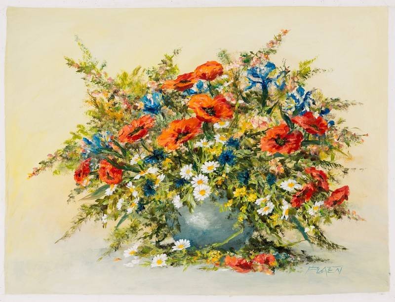 Platen Kurt Blumenbouquet mit Iris und Mohn (Öl auf Leinwand) (Stillleben, Bouquet, Blumenschale, Vase, Vanitas, Vergänglichkeit, üppgig, Blumen, Blüten, Original, Wohnzimmer, Esszimmer, bunt)