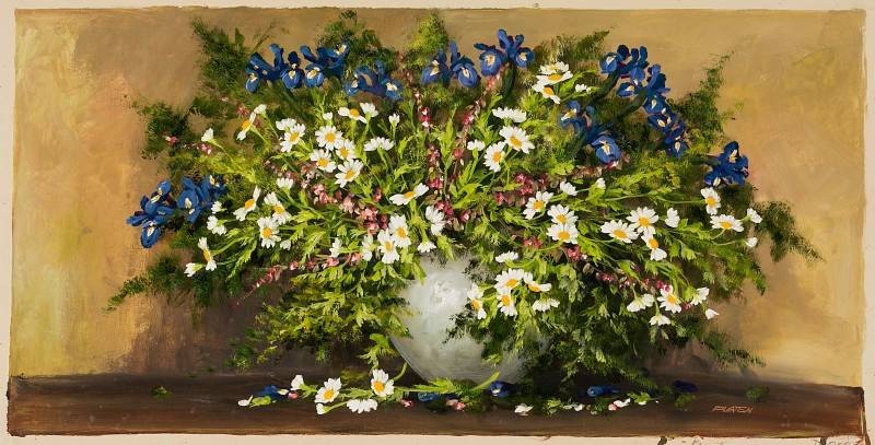Platen Kurt Blumenbouquet mit Anemonen (Öl auf Leinwand) (Stillleben, Bouquet, Blumenschale, Vase, Vanitas, Vergänglichkeit, üppgig, Blumen, Blüten, Original, Wohnzimmer, Esszimmer, bunt)