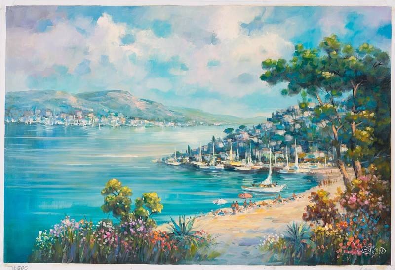 Picard Jean Claude Menschen am Strand (Öl auf Leinwand) (Landschaft, Landschaftsmalerei, zeitgenössisch, mediterran, See, Strand, Segelboote, Bäume, Original, Öl auf Leinwand, Wohnzimmer,)