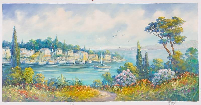 Picard Jean Claude Hafenansicht (Öl auf Leinwand) (Landschaft, Landschaftsmalerei, zeitgenössisch, mediterran Felder, Zypressen, See, Bäume, Original, Öl auf Leinwand, Wohnzimmer,)