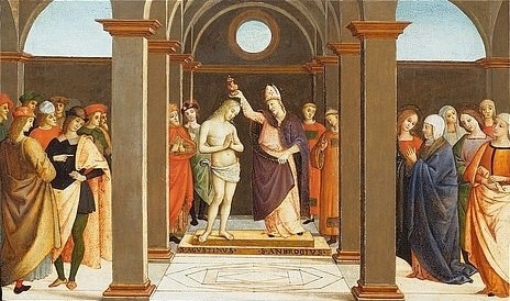 Perugino (Schule), Der Hl. Ambrosius tauft den Hl. Augustinus. (Perugino (Schule),Leihgabe BRD,Holz,Städel Museum,Frankfurt am Main,Umbrischer Meister,Raffael,Raffaello Sanzio,Renaissance,Hochrenaissance,16. Jahrhundert,15. Jahrhundert,Ambrosius,Augustinus,taufen,Taufe,Säule,Säulen,Zuschauer,Gruppe,Männer,Frauen, Städ)