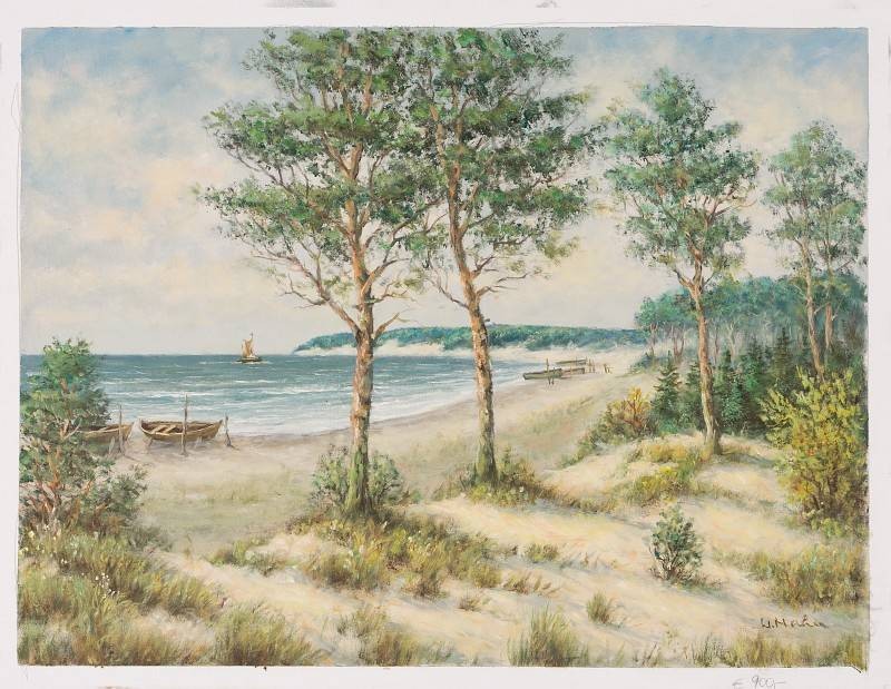 Hahn Willi Boot am Ufer (Öl auf Leinwand) (Landschaftsmalerei, Meer, Strand, Boot, Ufer, Bäume, Idylle, Ölbild, Original, Wohnzimmer,)