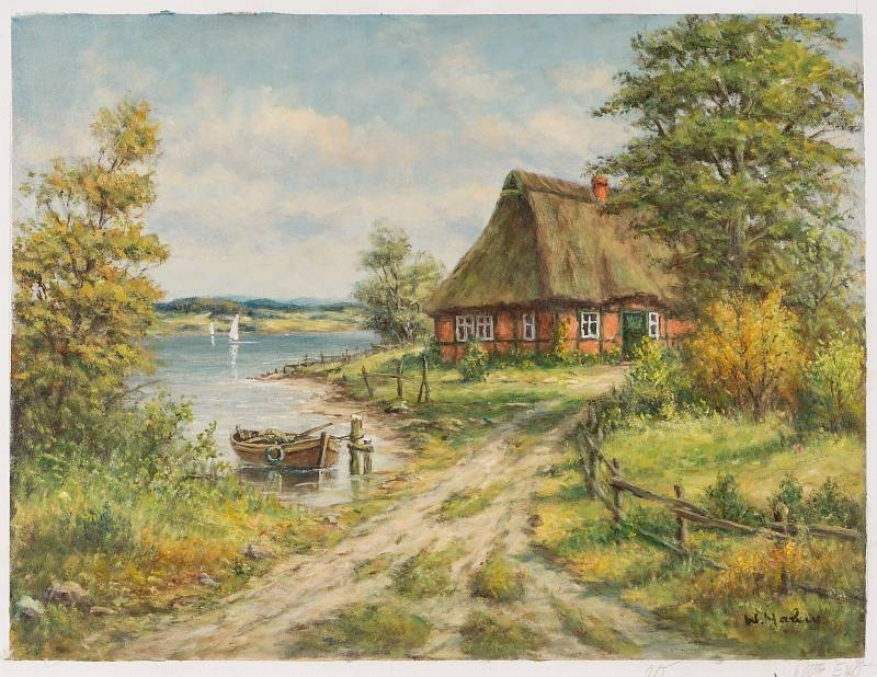 Hahn Willi Reetdachhaus und Boot (Öl auf Leinwand) (Kate, Haus, Bauernhaus, Fluss, Ruderboot, Norddeutschland, Landschaftsmalerei, Wanderweg, Idylle, Ölbild, Original, Wohnzimmer, Esszimmer)