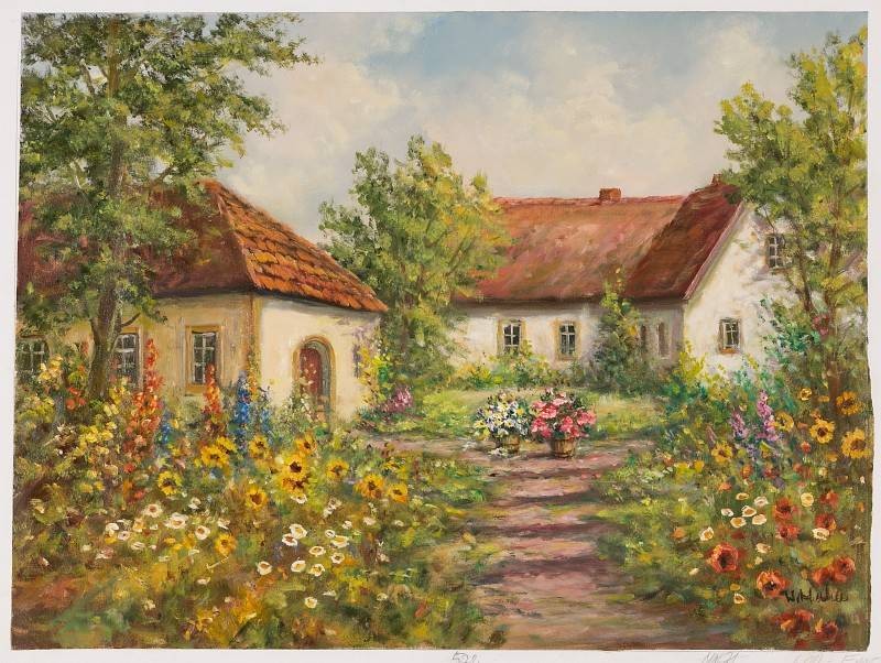 Hahn Willi Hof mit Garten (Öl auf Leinwand) (Bauerngarten, Bauernhaus, Blumengarten, Sommer, Blumen, Blüten, Idylle, Ölbild, Original, Wohnzimmer, Esszimmer)