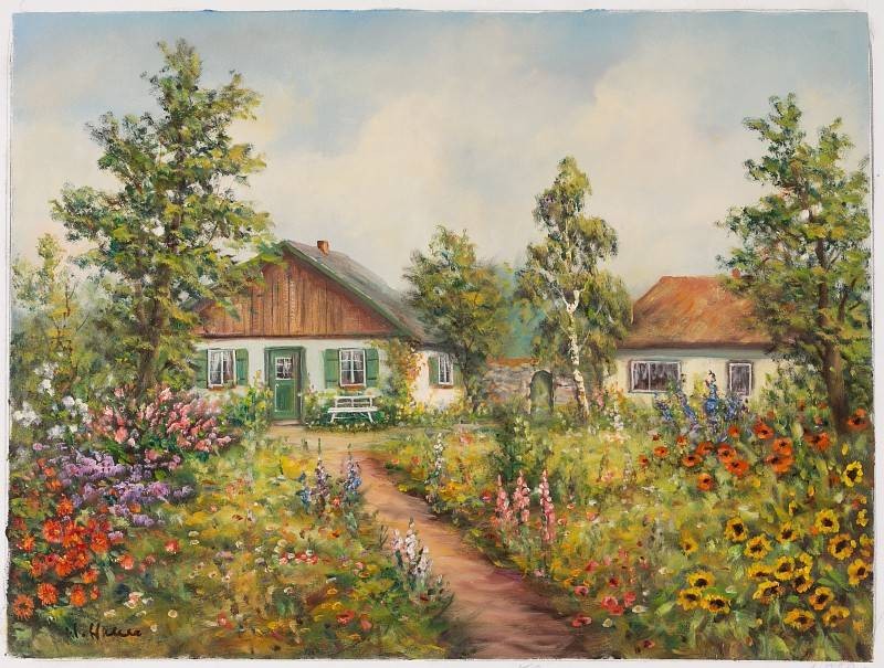 Hahn Willi Haus mit Garten (Öl auf Leinwand) (Bauerngarten, Bauernhaus, Blumengarten, Sommer, Blumen, Blüten, Idylle, Ölbild, Original, Wohnzimmer, Esszimmer)