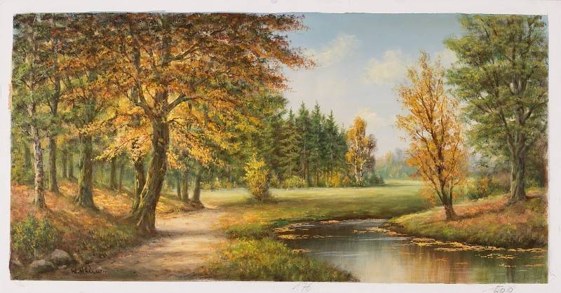 Hahn Willi Lichtung im Wald (Öl auf Leinwand) (Landschaftsmalerei, Fluss, Wald, Idylle, Wanderweg, Herbst, Original, Malerei, Wohnzimmer,)