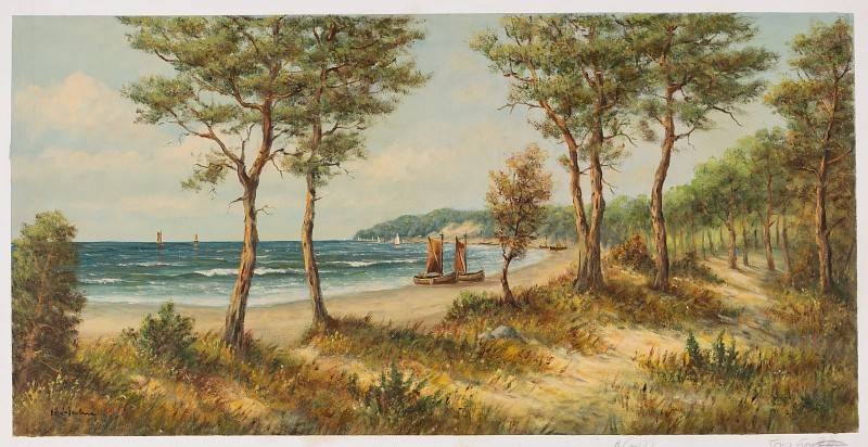 Hahn Willi Kiefern am Strand (Öl auf Leinwand) (Landschaftsmalerei, Meer, Strand, Boote,  Sand, Kiefern, Bäume, Idylle, Ölbild, Original, Wohnzimmer,)