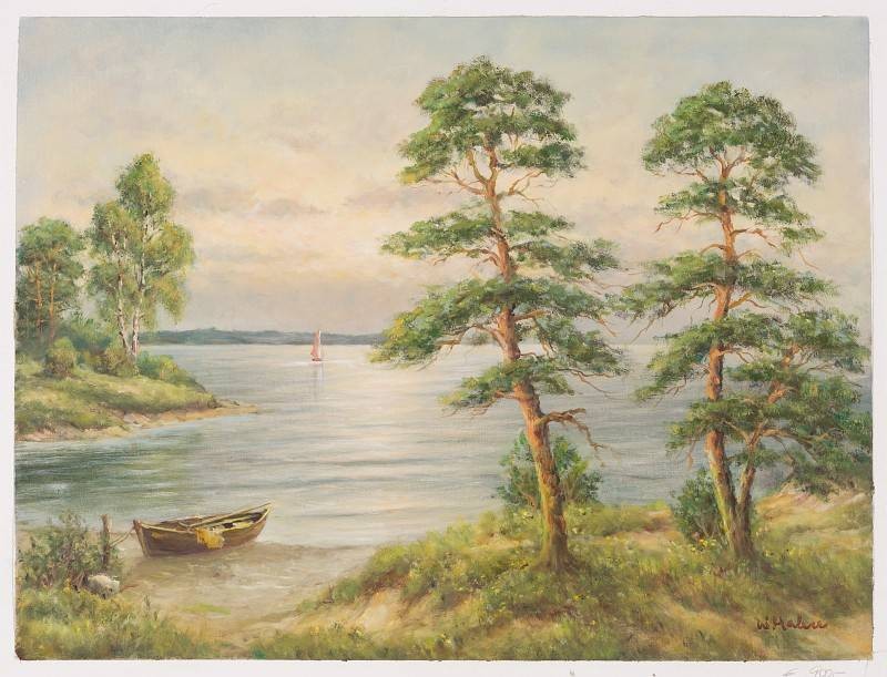 Hahn Willi Segelboot in der Abendsonne (Öl auf Leinwand) (Landschaftsmalerei, Meer, Strand, Boot, Ufer, Bäume, Idylle, Ölbild, Original, Wohnzimmer,)