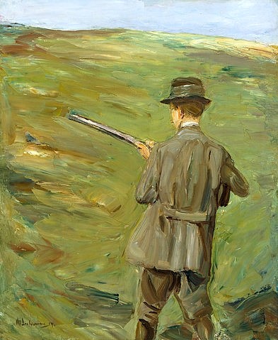 Max Liebermann, Jäger in den Dünen. 1914 (Impressionismus, Jäger, Düne, Landschaft, Mann, Tracht, Gewehr, Menschen, Malerei,  Menschen, Wunschgröße, Wohnzimmer, Treppenhaus, bunt)