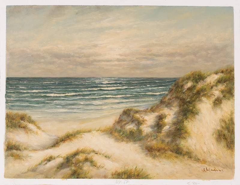 Hahn Willi Dünen an der See I (Öl auf Leinwand) (Landschaftsmalerei, Meer, Strand,Dünen, Dünengras, Horizont, Meeresbrise, Idylle, Ölbild, Original, Wohnzimmer,)