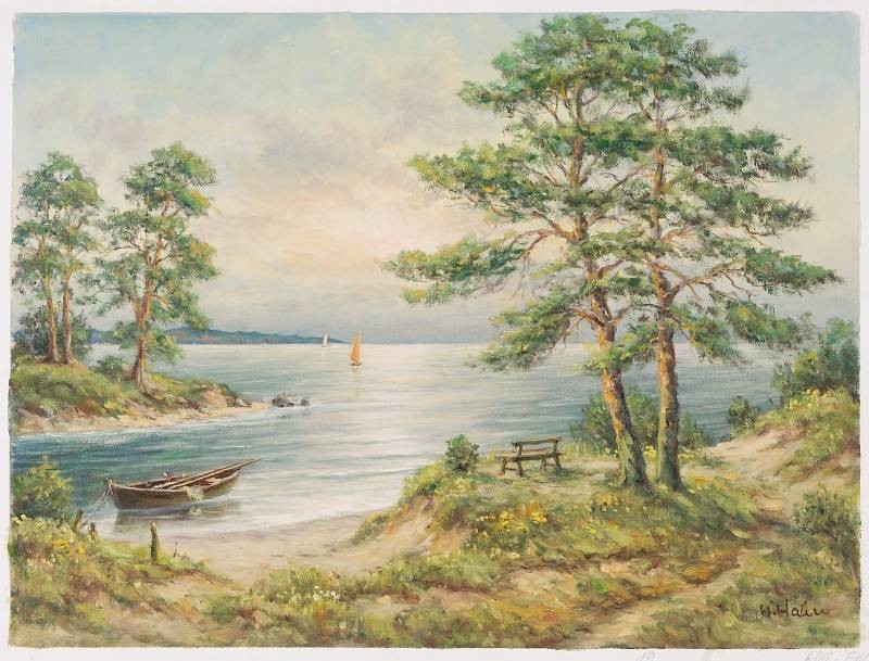 Hahn Willi Ein letztes Segelboot im Wasser (Öl auf Leinwand) (Landschaftsmalerei, Meer, Strand, Boot, Ufer, Bäume, Idylle, Ölbild, Original, Wohnzimmer,)
