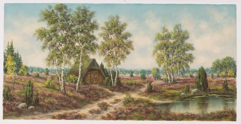 Hahn Willi Reetdachhaus in der Heide (Öl auf Leinwand) (Kate, Haus, Heidelandschaft, Landschaftsmalerei, Wanderweg, Idylle, Ölbild, Original, Wohnzimmer, Esszimmer)
