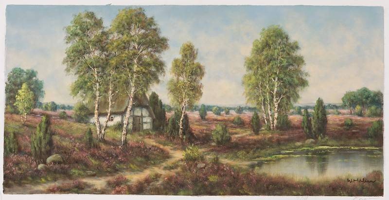 Hahn Willi Reetdachhaus in der Heide II (Öl auf Leinwand) (Kate, Haus, Heidelandschaft, Birken, Landschaftsmalerei, Wanderweg, Teich, Idylle, Ölbild, Original, Wohnzimmer, Esszimmer)