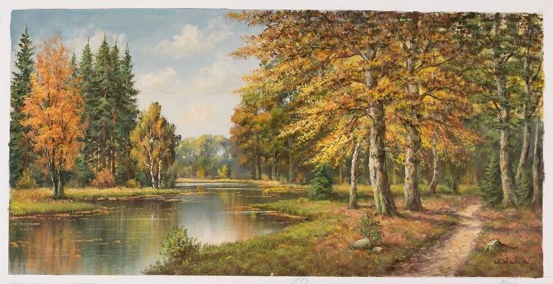 Hahn Willi Fluss durch den Wald I (Öl auf Leinwand) (Landschaftsmalerei, Fluss, Wald, Idylle, Wanderweg, Herbst, Original, Malerei, Wohnzimmer,)