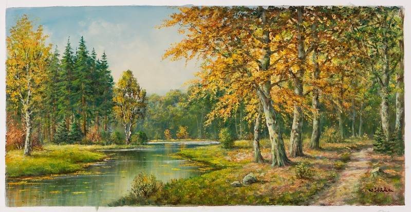 Hahn Willi Fluss durch den Wald II (Öl auf Leinwand) (Landschaftsmalerei, Fluss, Wald, Idylle, Wanderweg, Herbst, Original, Malerei, Wohnzimmer,)